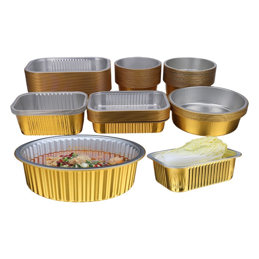 Thickened Tin Paper Box Rectangular Round Aluminum Foil Bowl Commercial Tin Foil Barbecue Disposable Packaging Golden Lunch Box