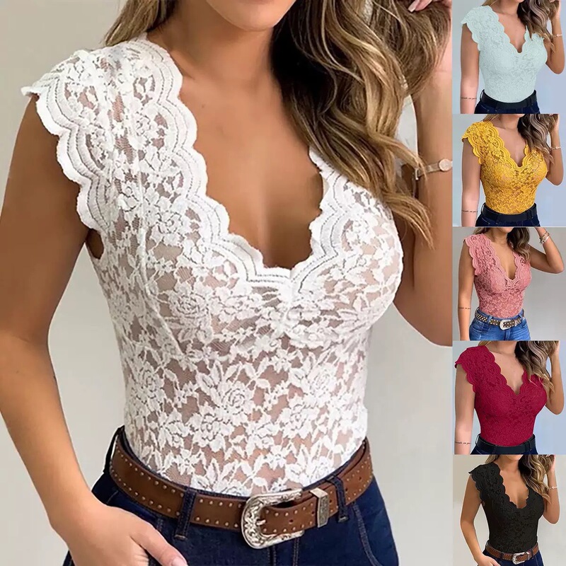 2025 European and American Summer V-Neck Sexy Lace Hollow-Out Top T-Shirt 2025 European and American Summer V-Neck Sexy Lace Hollow-Out Top T-Shirt