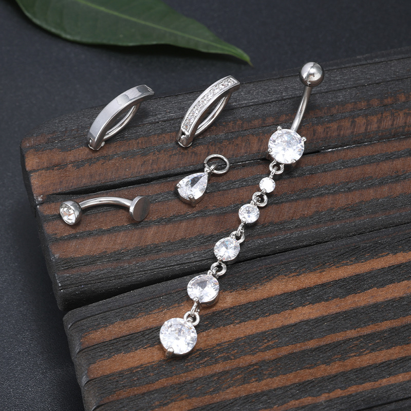Silver Colored Navel Ring 316L Surgical Steel Curved Belly Button Ring with Zircon Piercing Jewelry detail image 8