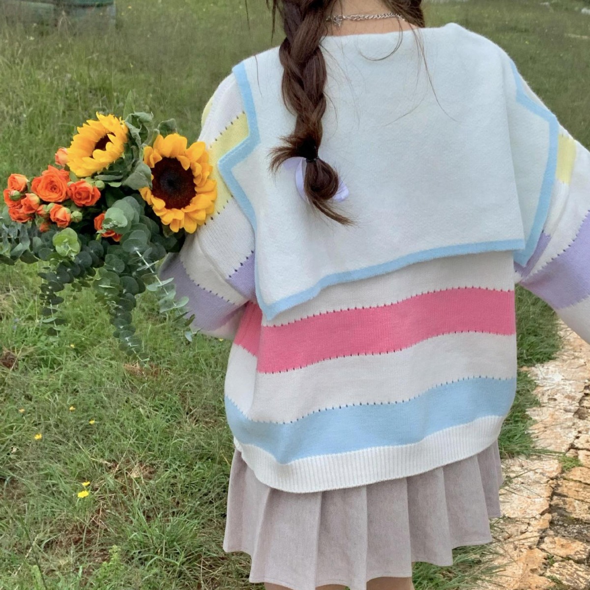 Dulce edad-reducción de la muñeca collar contraste color rayas suéter suelto mujeres otoño adelgazamiento perezoso suave viento suave suéter glutinoso image 4