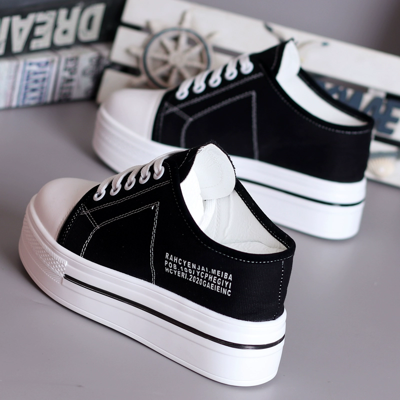 Летние дышащие белые туфли из холста для женщин с толстой подошвой и внутренней высотой 10 см без каблука, полусандалии для студентов 2025 года