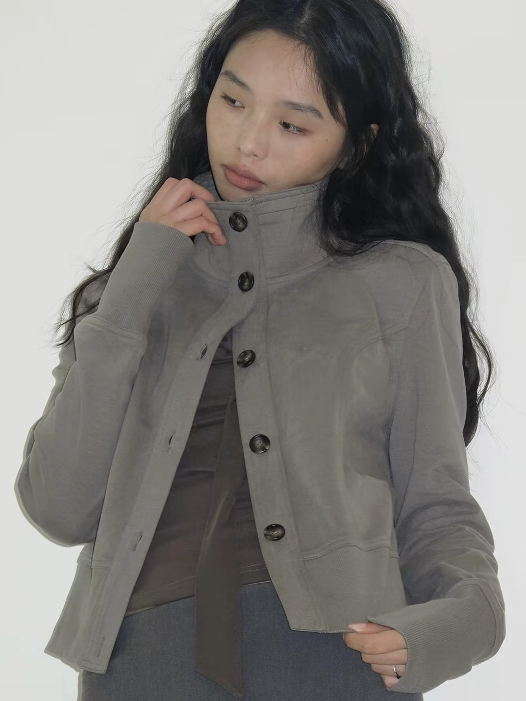 Mito de dar Brushed Stand Collar Short Slim-Fit Waist-Cinching Urban Style Clean Low-Saturation Casual Jacket