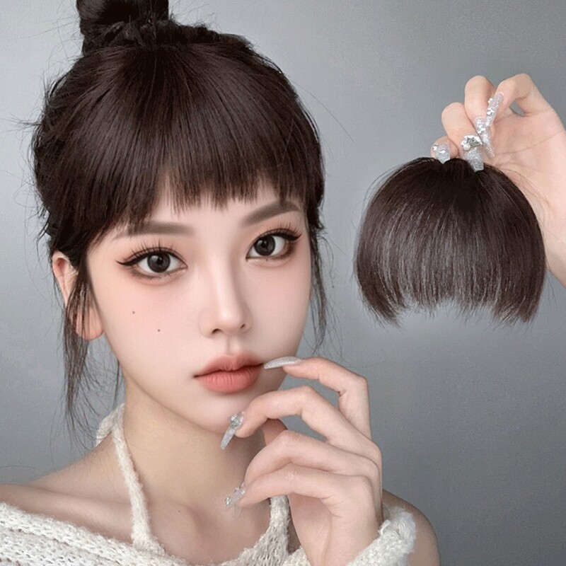 Natural-Looking Short Hair Wig with Bangs for Women, Real Hair, Age-Reducing, Wispy Bangs Above the Eyebrows, Thick Hairpiece