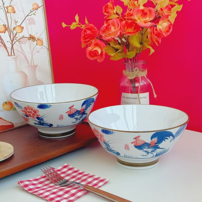 Ceramic Rooster Bowl, Pig's Trotter Rice Bowl, Large Bowl, Blue and White Large Bowl, Soup Bowl, Retro Pig's Trotter Rice Bowl, Microwave Safe Ceramic Rooster Bowl, Pig's Trotter Rice Bowl, Large Bowl, Blue and White Large Bowl, Soup Bowl, Retro Pig's Trotter Rice Bowl, Microwave Safe