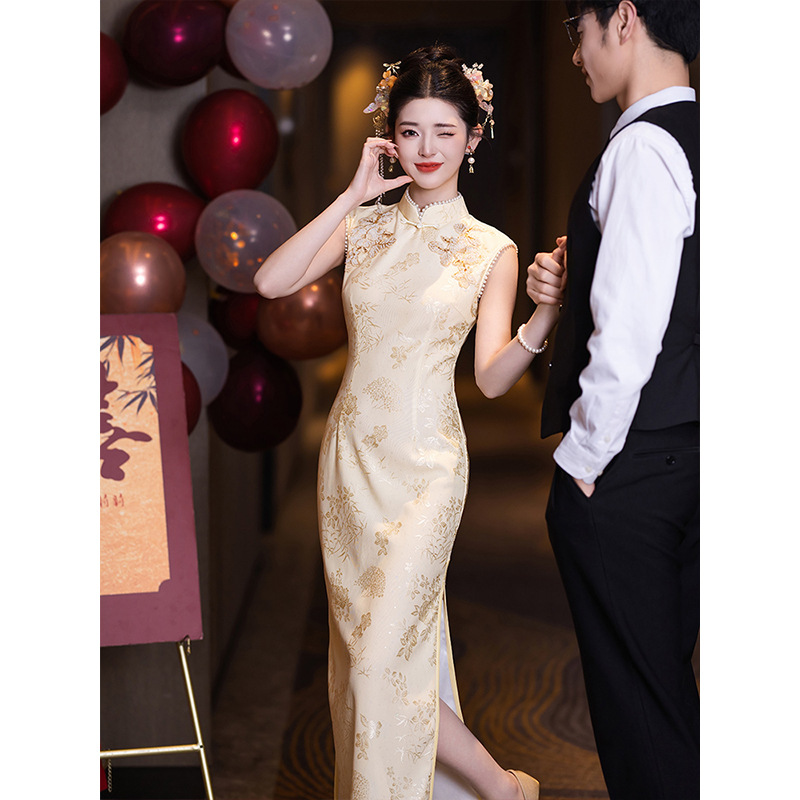 Yellow Improved Sleeveless Cheongsam Toast Dress Bride 2025 New Chinese Engagement Dress dress Daily Jacquard