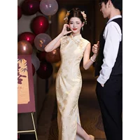 Желтый улучшенный без рукавов Cheongsam тост костюм невесты 2025 новый китайский стиль помолвка платье ежедневный жаккард