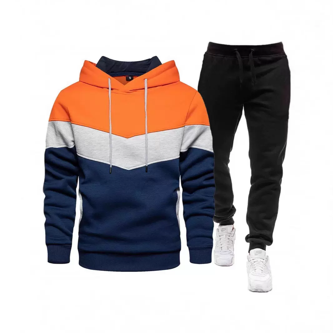 跨境外贸男士老三拼运动套装休闲春秋拼接连帽卫衣长裤两件套潮流