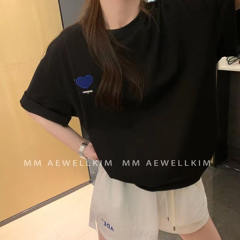 即墨原工場adar夏愛文字刺繍ゆるい純綿丸襟男女カップル半袖tシャツ小衆