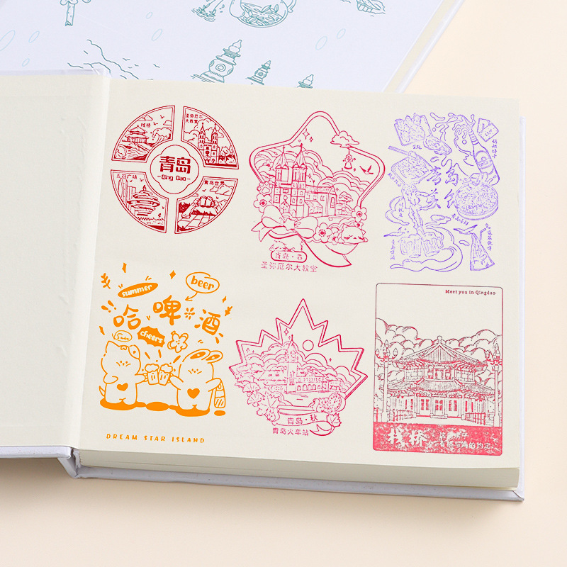 クリエイティブな都市スタンプブック、写真でカスタマイズ可能な観光名所チェックインスタンプブック、正方形の空白の厚手ノート