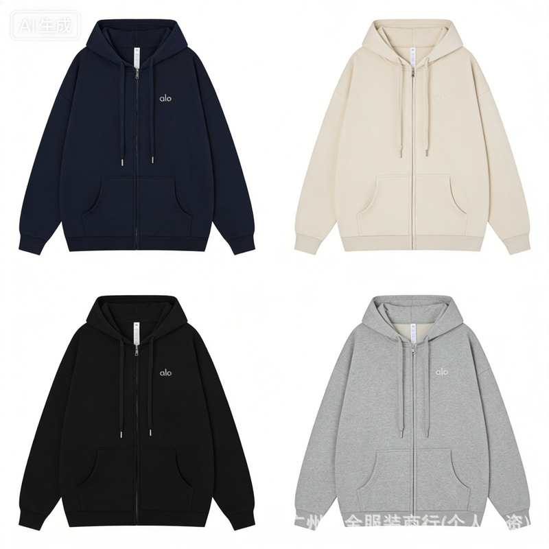 Cross-Border Alo Autumn and Winter 380g Sweatshirt Cardigan Hooded Sweatshirt Solid Color Simple Loose Casual Full-Zip Jacket Cross-Border Alo Autumn and Winter 380g Sweatshirt Cardigan Hooded Sweatshirt Solid Color Simple Loose Casual Full-Zip Jacket