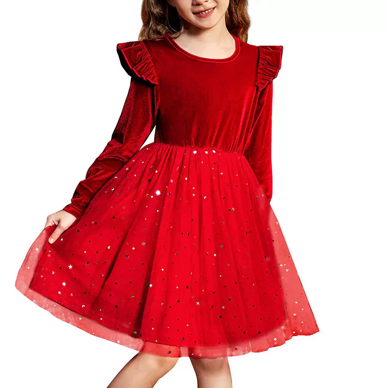 金丝绒连衣裙外贸出口儿童裙子AMZ亚马逊爆款网纱裙百褶裙摆