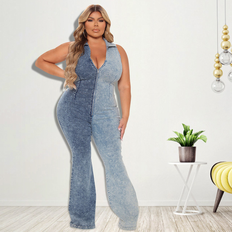 sleeveless lapel slim low-cut zipper Denim Jumpsuit NSFH126781