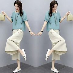 女性用ゆったりツーピース半袖トップス、2025年新作ファッショナブルでゆったりとした洋風大きいサイズワイドレッグパンツスーツ、女性用トレンド