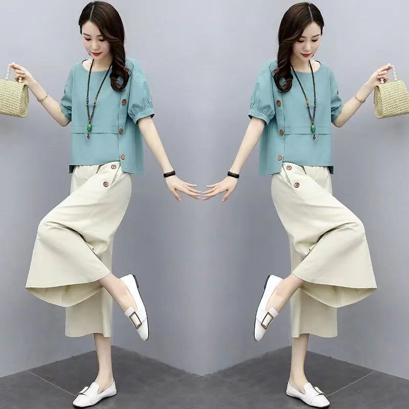Loose Two-Piece Short-Sleeve Top Women's Fashion 2026 New Stylish Loose Trendy Plus-Size Wide-Leg Pants Set for Women