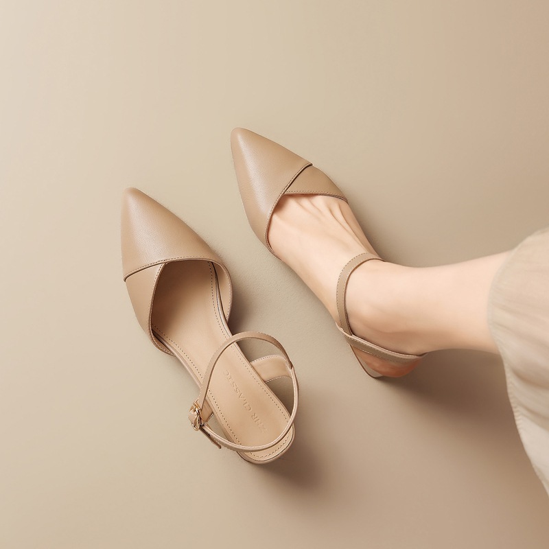 Sandal nữ cao gót quai ngang mũi nhọn phong cách Pháp — KN392 Màu be