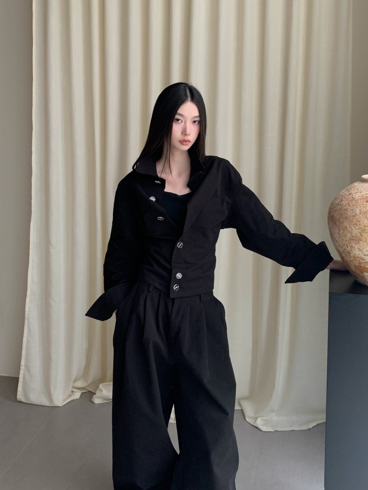 GraceChic GraceChic Autumn Hepburn Style "Urban Elite" Crisp Texture Waist-Cinching Short Shirt And Pleated Wide-Leg Straight Pants Set_voghion.com