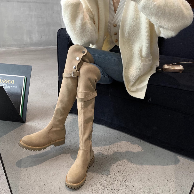 Mamá de uva Milan pictórica ~ botas cálidas de invierno botas sobre la rodilla punta redonda hebilla de cinturón a presión botas elásticas de tacón grueso botas largas