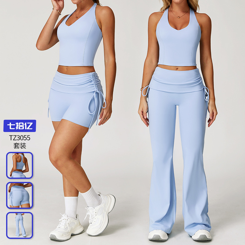 Cross-Border Nude Yoga Suit I-Shaped Beautiful Back Folded High-Waist Fitness Suit Women's Sports Running Yoga Suit 3055