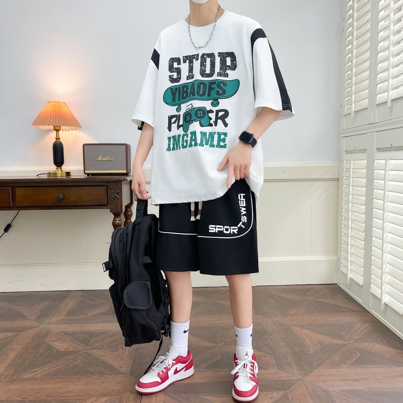 2025 verano camiseta de manga corta hombre relajado diario casual set de manga de cinco partes de moda japonesa fresca