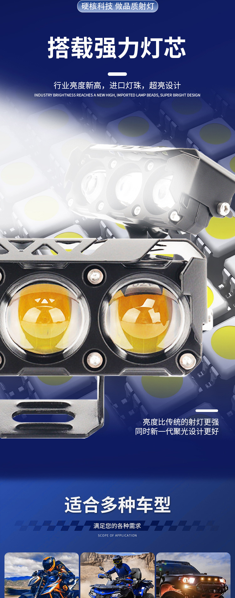 Motorcycle Spotlight White and Yellow Double Light Electric Vehicle 24W Car Headlight Modified Car Lens Three-Bead Led Headlight
