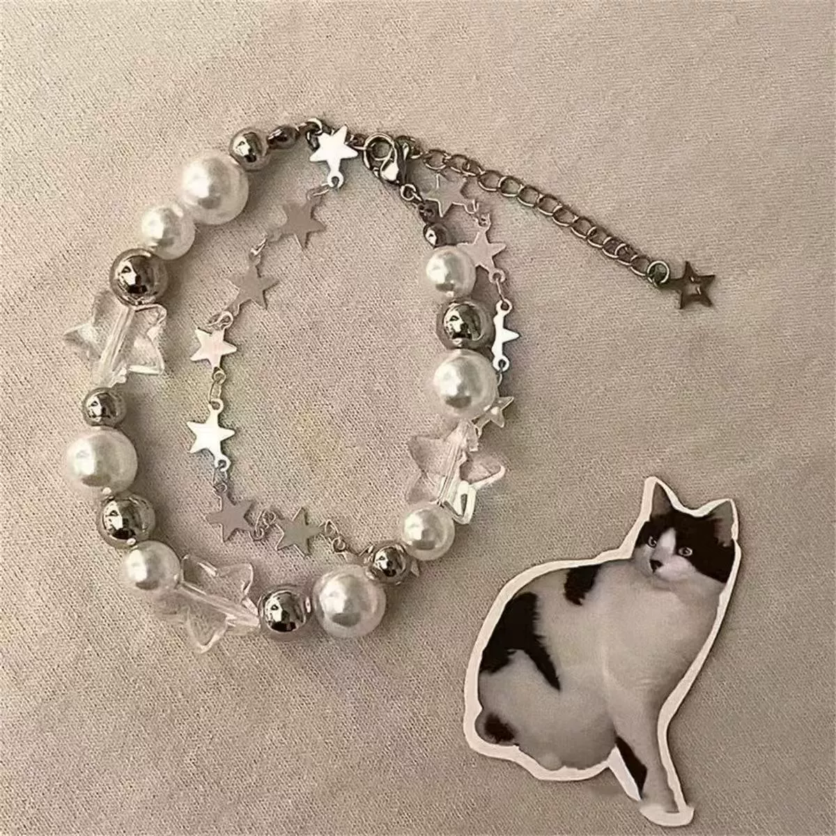 Beaded Cat Charm Bracelet, Cute Elastic Strap, Multicolor Beads, Adjustable Chain (1 pc)