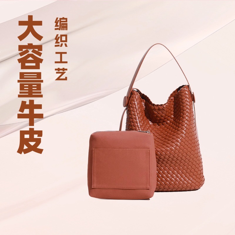 牛皮编织水桶包2025新款手工编织单肩斜挎包大容量百搭子母包手提