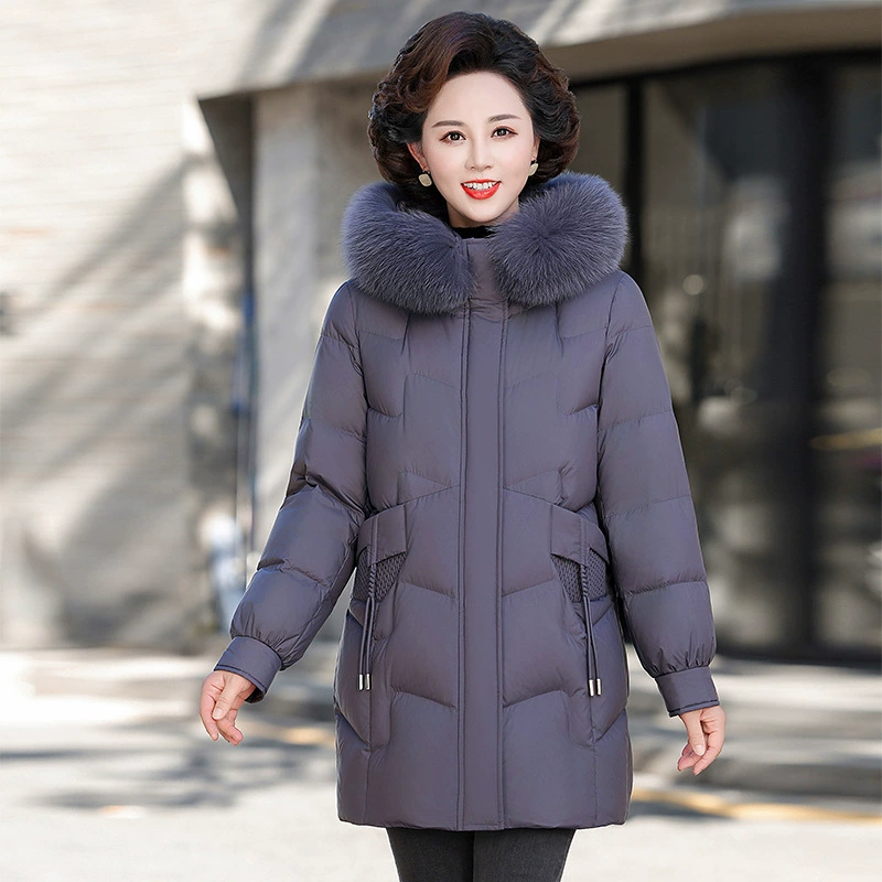 Средний и пожилой пуховик женский средний и длинный зимний 2024 новый зимний стиль мама лиса шерстяной воротник пальто иностранная женская одежда