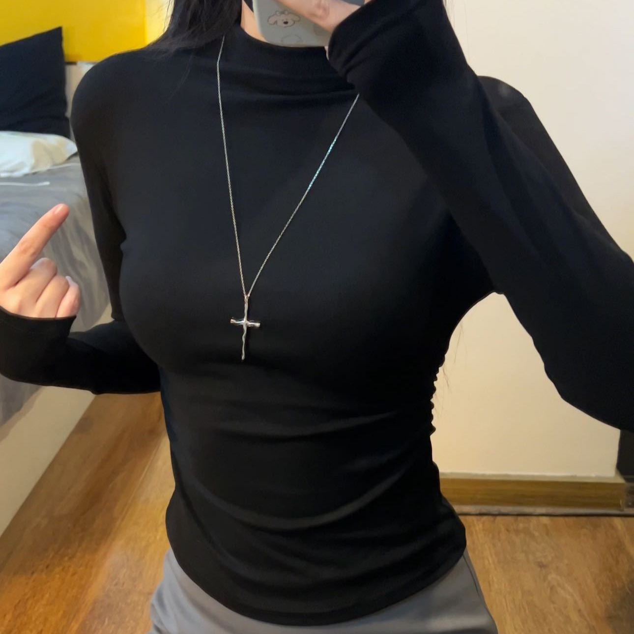 0834#初秋新款御姐温柔风正肩高领长袖T恤显瘦修身女百搭舒适上衣