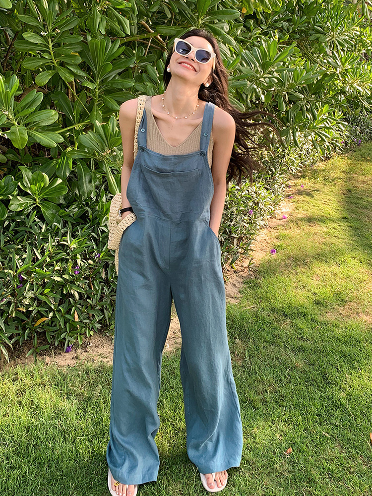 Quần yếm denim nữ phong cách mùa hè form suông — Màu xanh lam, Màu gai thô chi tiết 3