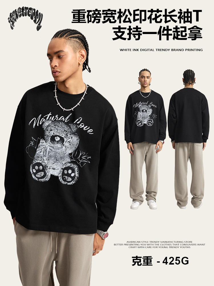 2025 otoño marca de moda americana delgada neutra impresión de rayos X impresión de oso lavado camiseta de manga larga hombre