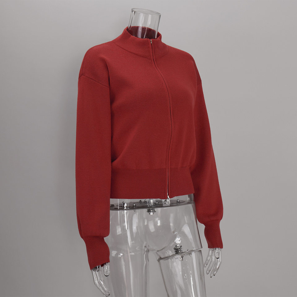 Áo khoác cardigan len dệt kim cổ đứng khóa kéo hai chiều dài tay — Màu nâu cà phê, Màu trắng, màu đen, màu đỏ chi tiết 48