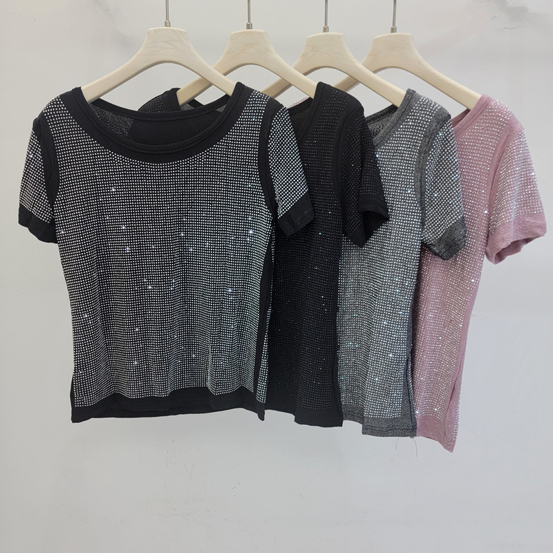 2026 verano lleno de diamantes brillante camiseta de base de mangas cortas de alta elasticidad camiseta de moda delgada ropa de mujer image 1