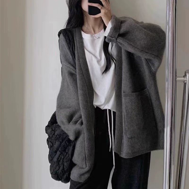100羊毛开衫女中长款秋冬老钱风v领宽松针织衫加厚羊绒毛衣外套|undefined
