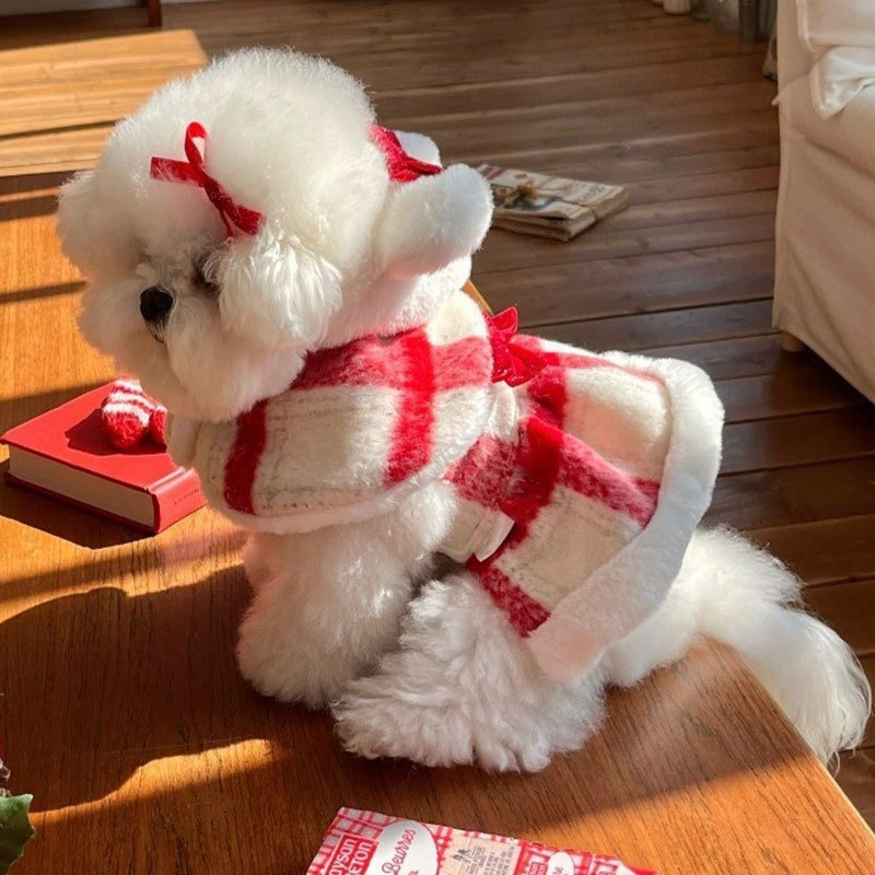 跨境冬季保暖宠物圣诞格纹毛绒裙子节日装扮披风猫咪服饰狗狗衣服|undefined
