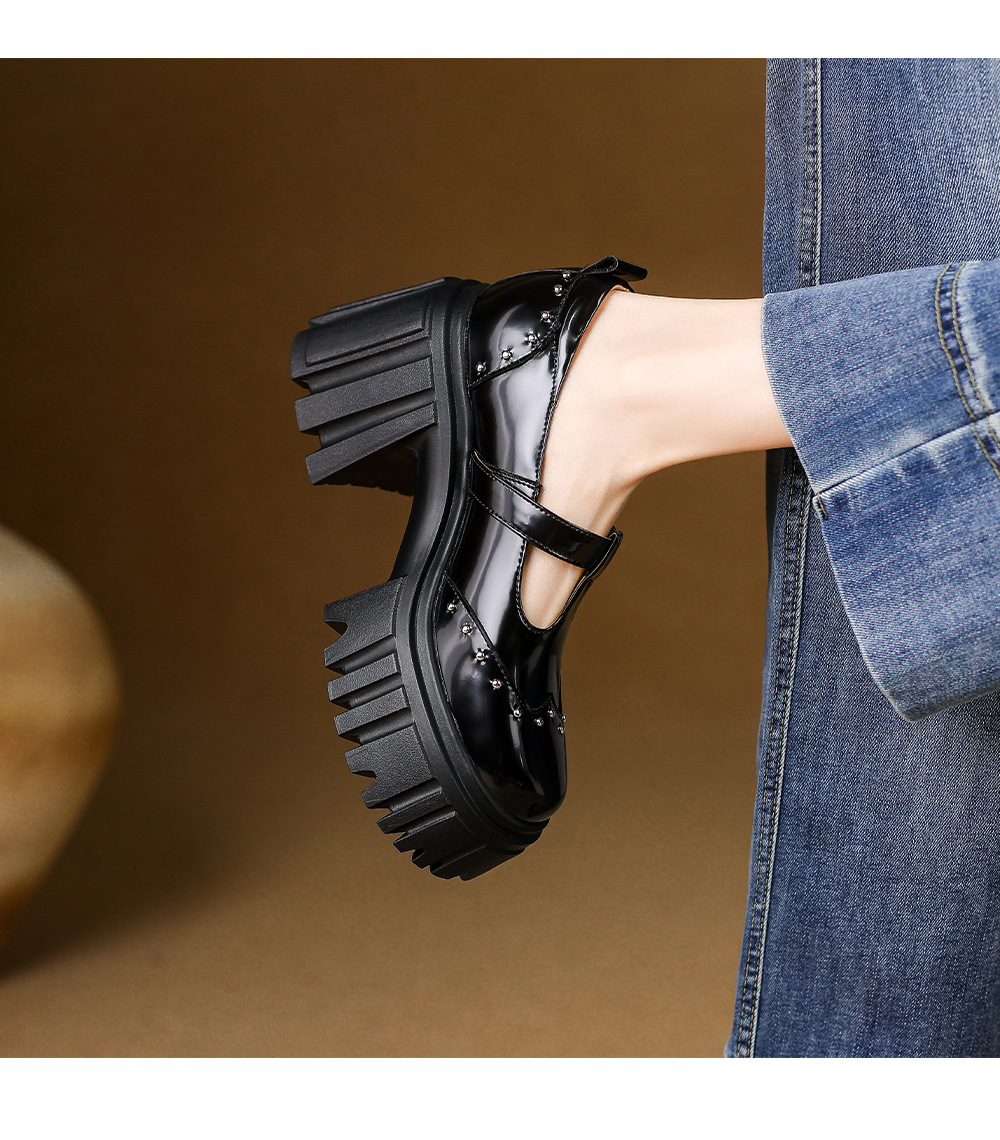 Giày Mary Jane cao gót da thật 9cm, đế bánh xốp, khóa chữ T, gót thô — Màu đen chi tiết 11