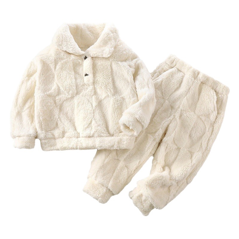 Ropa de casa para niños pijamas traje Otoño e Invierno terciopelo de algodón engrosado niños medianos y grandes niños cálidos y niñas solapa color sólido