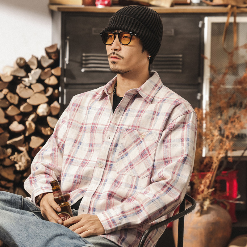 Lyocell Tencel pink plaid shirt, men's long-sleeved autumn new style, loose-fitting casual shirt, suitable for spring and autumn