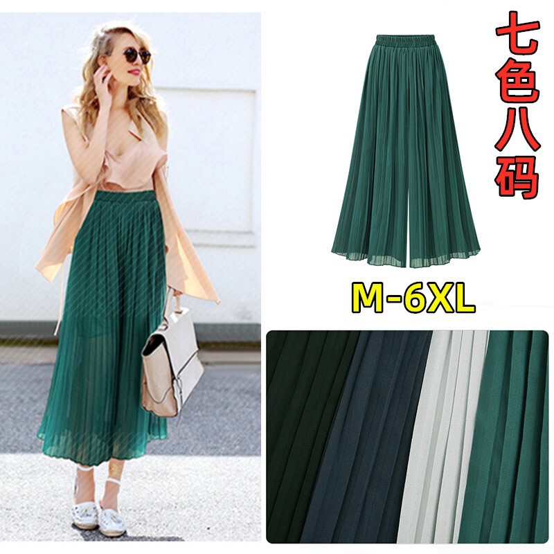 6092# summer new extra large size chubby girl chiffon pleated beach culottes loose slimming temperament wide leg pants for women 6092# summer new extra large size chubby girl chiffon pleated beach culottes loose slimming temperament wide leg pants for women