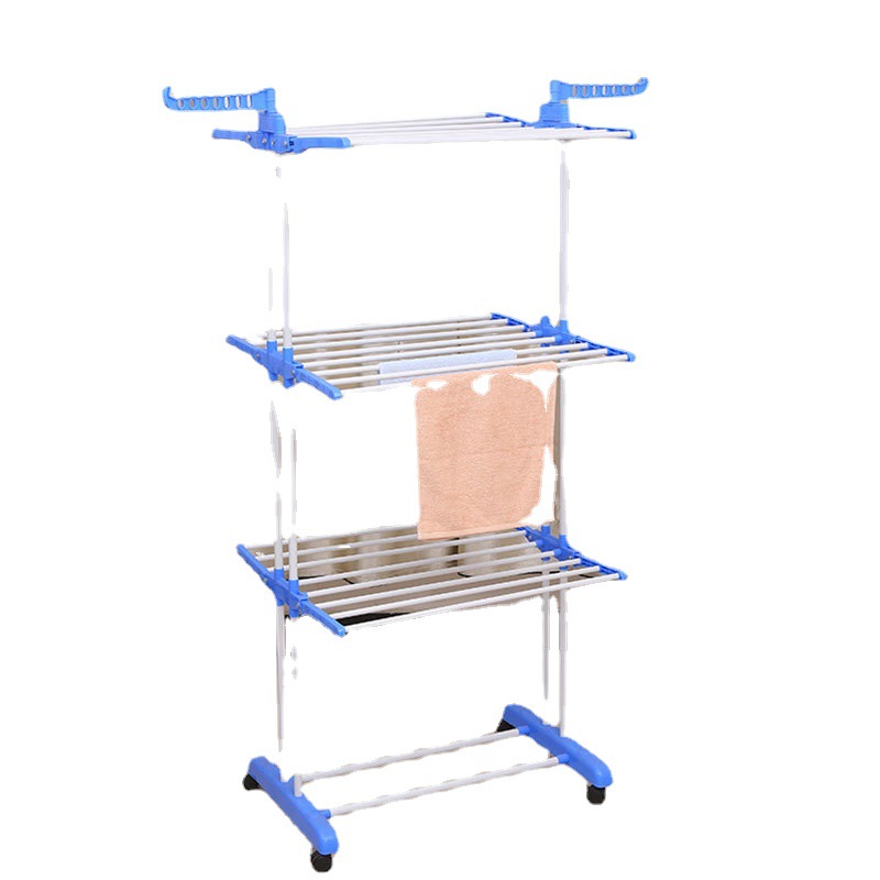 Perchero de ropa plegable de suelo de hierro pintado empujable/tirable, estante de toallas multifuncional de tres capas, perchero de balcón