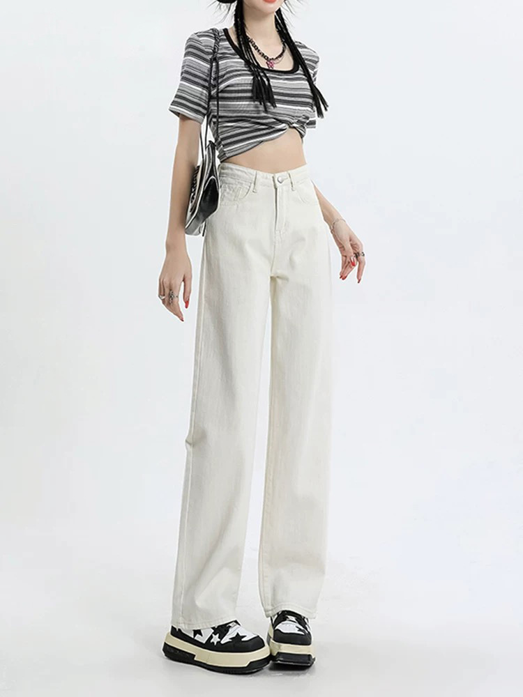 흰색 넓은 다리 청바지 여성의 가을과 겨울 2024 새로운 높은 허리 작은 기모 스트레이트 바지