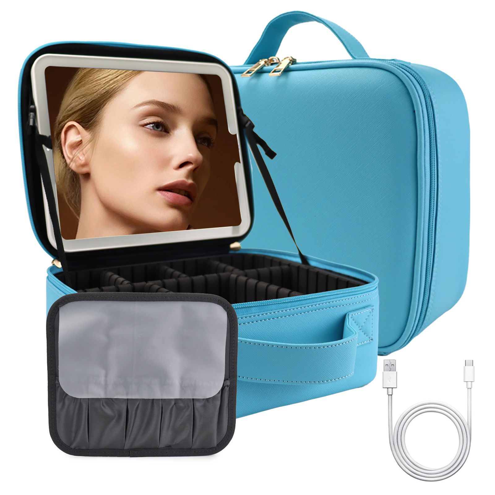 Bolsa de cosméticos de viaje LED premium con espejo para mujer caja de pinceles de maquillaje portátil de gran capacidad bolsa de belleza de partición portátil