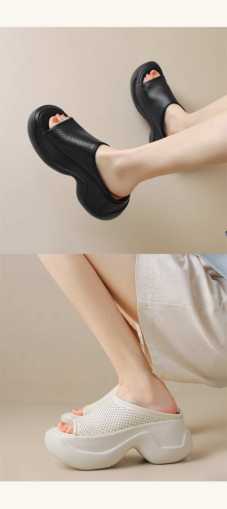 Dép sandal nữ xỏ ngón đế bệt da thật lỗ thoáng khí mùa hè — màu đen, màu trắng ngà chi tiết 8