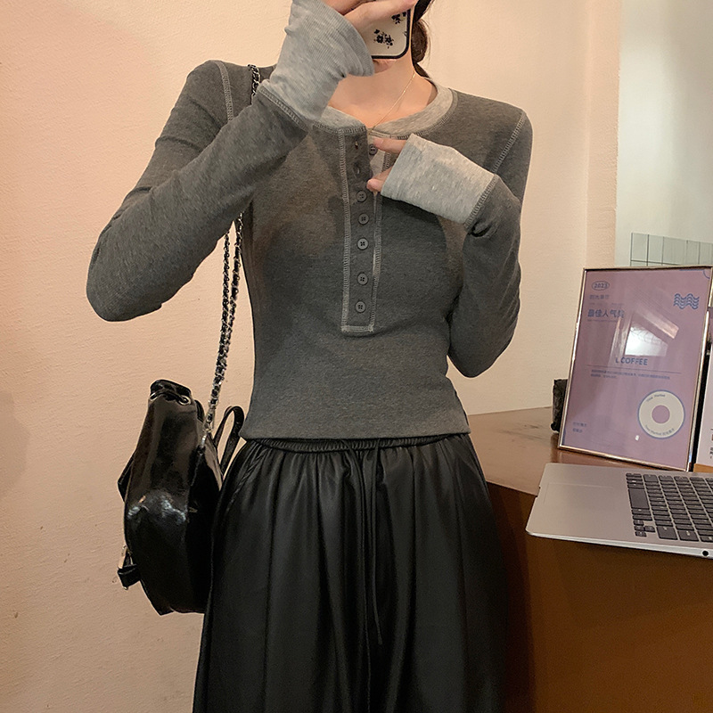 实拍2*2螺纹260G长袖t恤女2025早春新款修身撞色打底衫圆领上衣|undefined