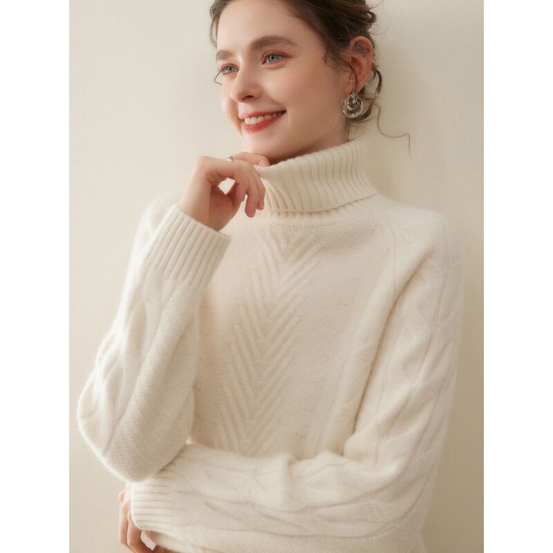 British Designer Model ~ 2025 Pure Color Cashmere Sweater Women's High Collar Thickeneded Large Cable Knitted Wool Sweater
