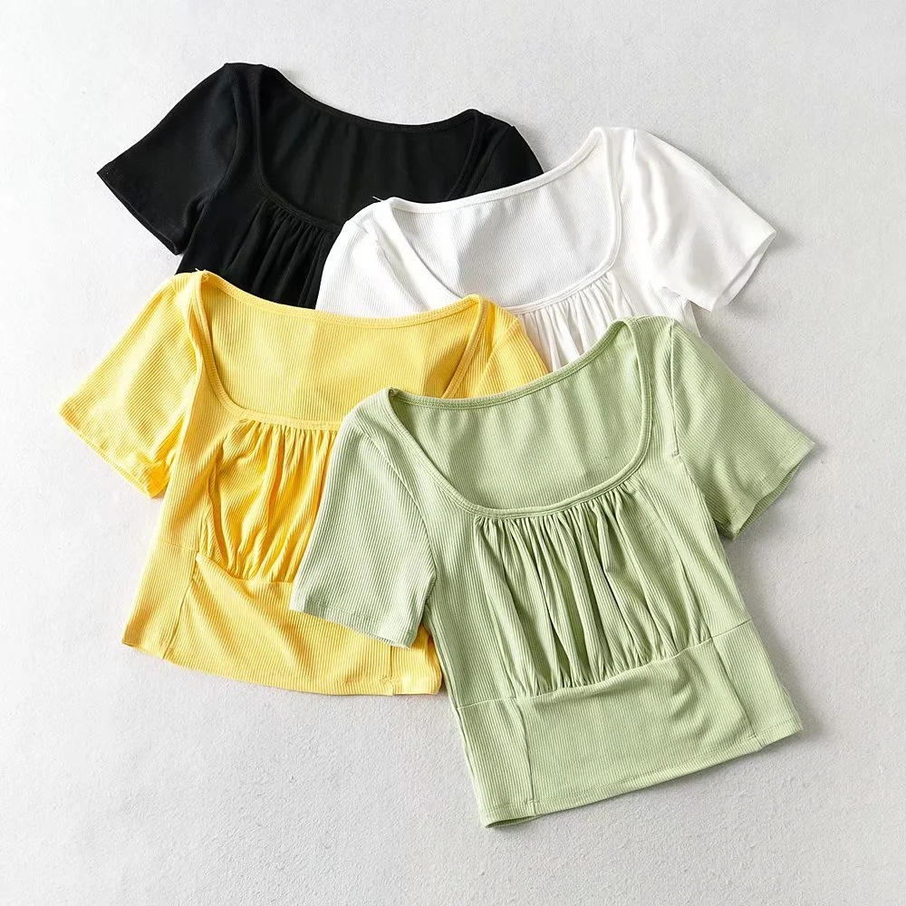 Sexy folds short-sleeved square neck tops NSHS49957