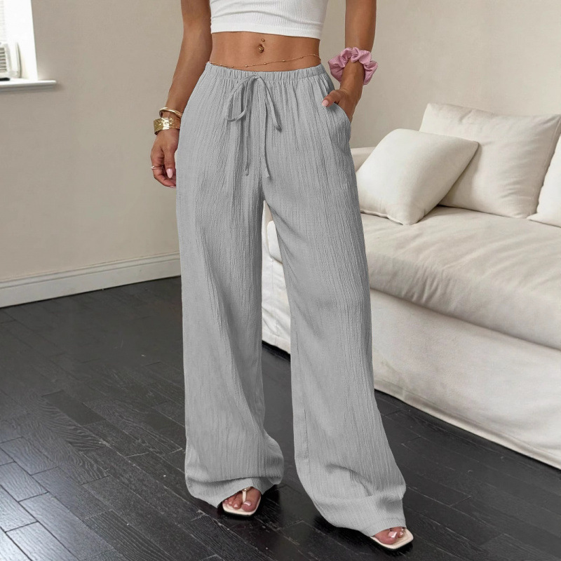 Sommer 2025 – Neue Cross-Border Damen-Freizeithose aus einfarbigem, strukturiertem Stoff mit Knotenbund, schrägen Taschen und weitem Bein_voghion.com