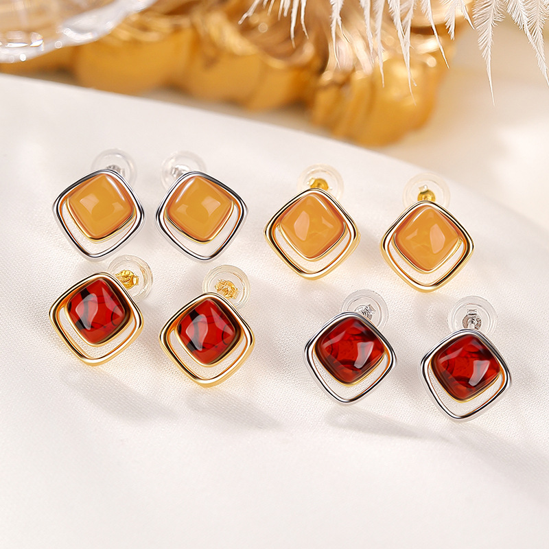 Bông tai nữ mạ vàng bạc S925 hình vuông đính đá phong cách cổ điển — Mẫu màu bạc sáp ong