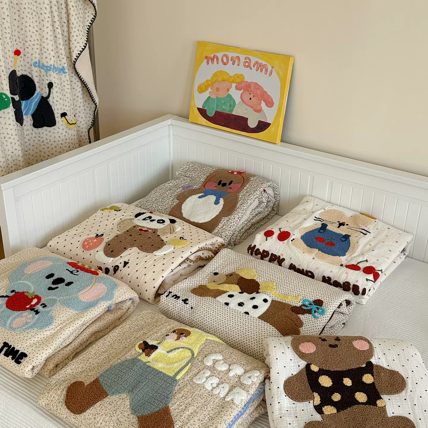 CELING韩式一面全棉双层纱一面舒棉绒卡通毛巾绣三角针工艺小盖毯