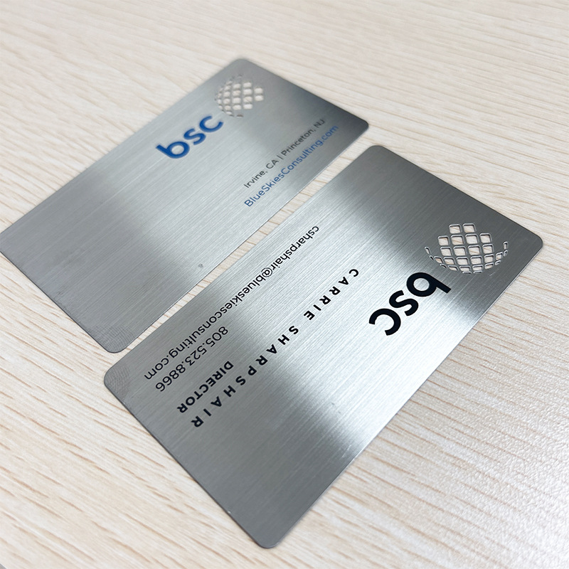 不锈钢个人拉丝名片银卡丝印LOGO镂空工艺腐蚀凹下可印流水号