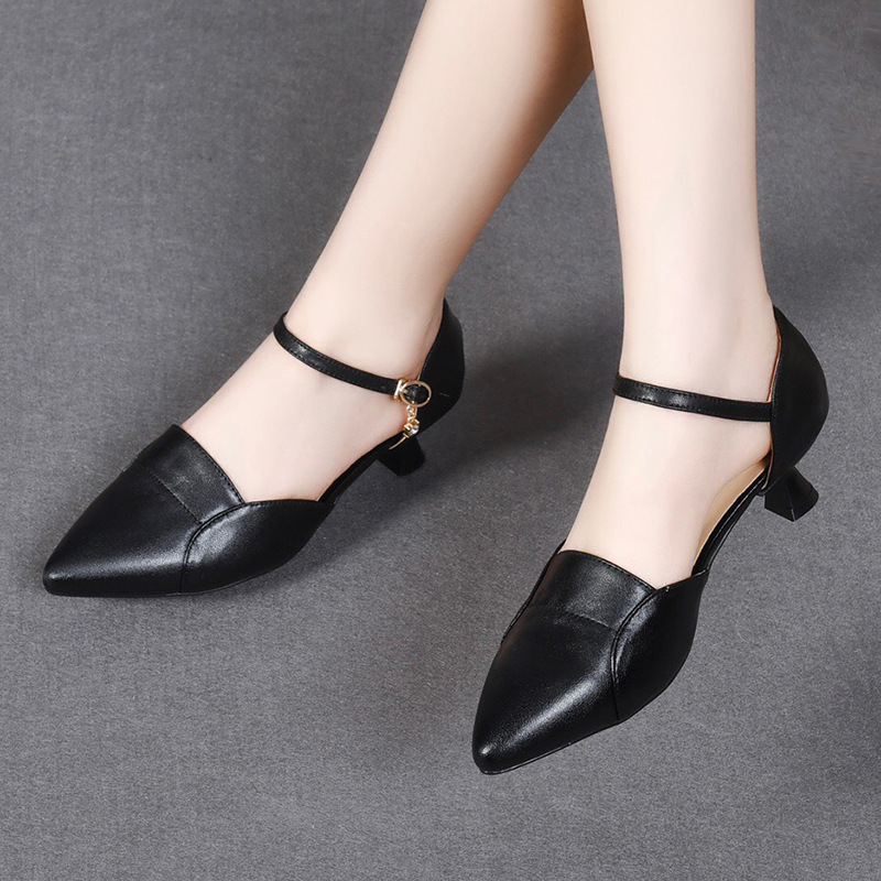 Xăng đan nữ mũi nhọn da thật quai ngang gót nhỏ 3 cm — Gót đen cao 3 cm